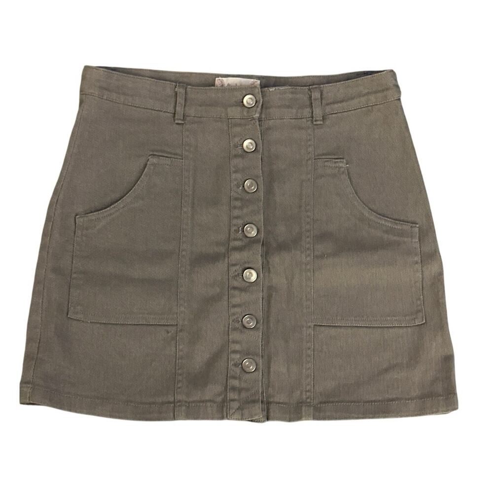 Altr’d State Girls Denim Skirt A-line Short ‎ Stretch Olive Green Buttons Sz M